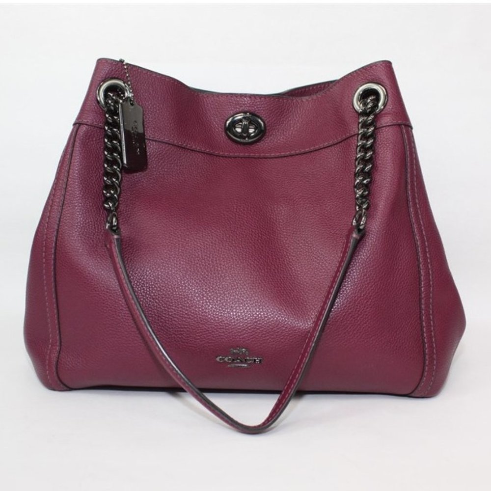 Turnlock Edie Shoulder Bag In Polished Pebble Leather Burgundy/Gunmetal